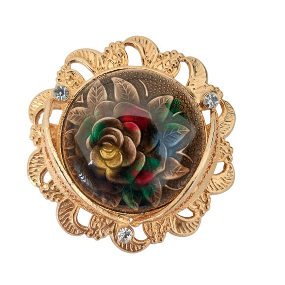 Vintage Round Brooch Gold Tone Filigree With Rose Inset and Rhinestones Like New - Picture 1 of 6